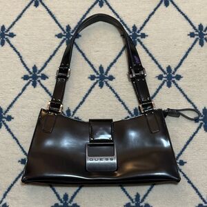 Guess Vintage Y2K Black Patent Leather Shoulder Bag Logo Buckle Purse